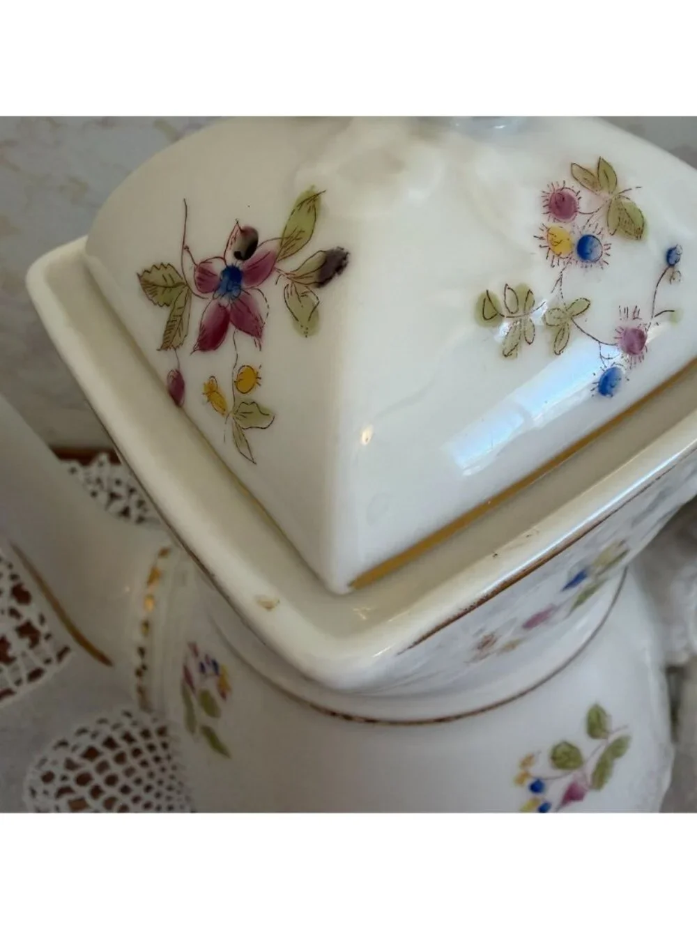 Antique Victorian Ironstone Chocolate Pot Lidded Coffee Server Floral Gold 10.5